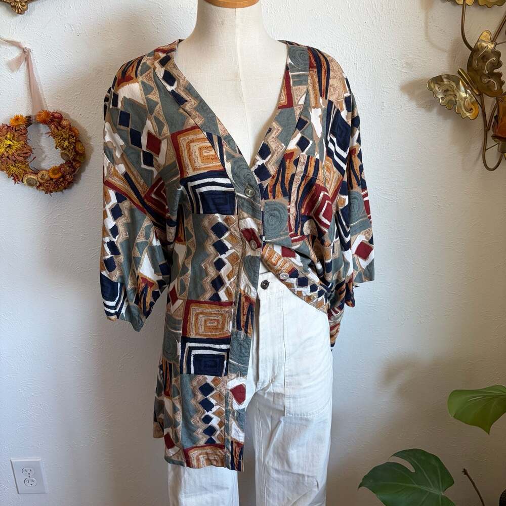 Vintage Plus Size Geometric Print Button-Up Top 2X